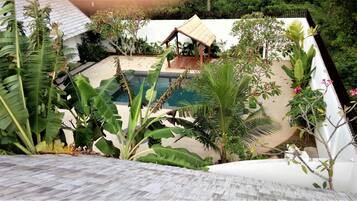 Uma área de piscina com um deck de madeira, cercada por plantas tropicais e uma pequena construção de madeira.