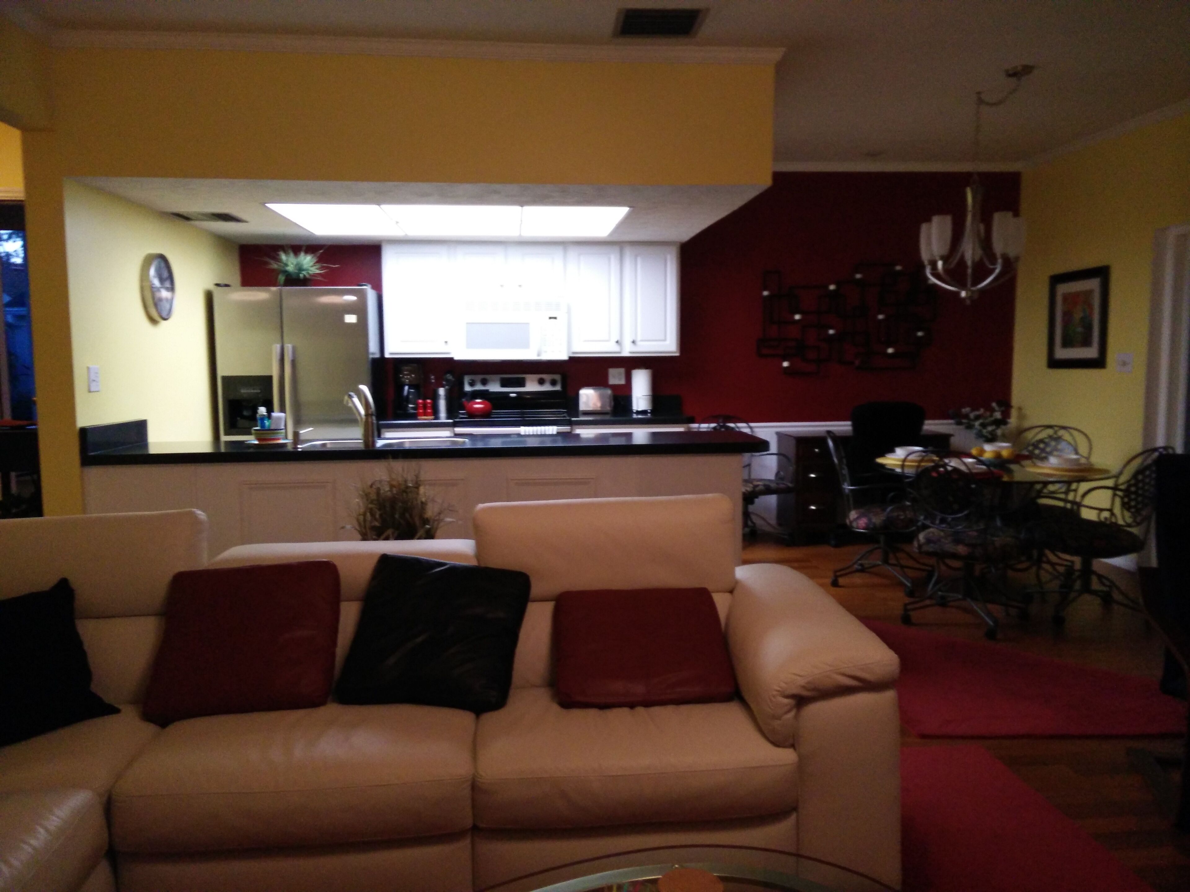 Télévision à écran plat, cheminée, lecteur de DVD