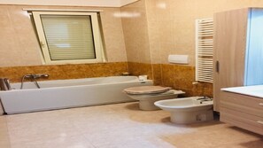 Combined shower/bathtub, hair dryer, towels