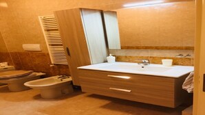 A modern bathroom with a large sink, a mirror, and a bidet.