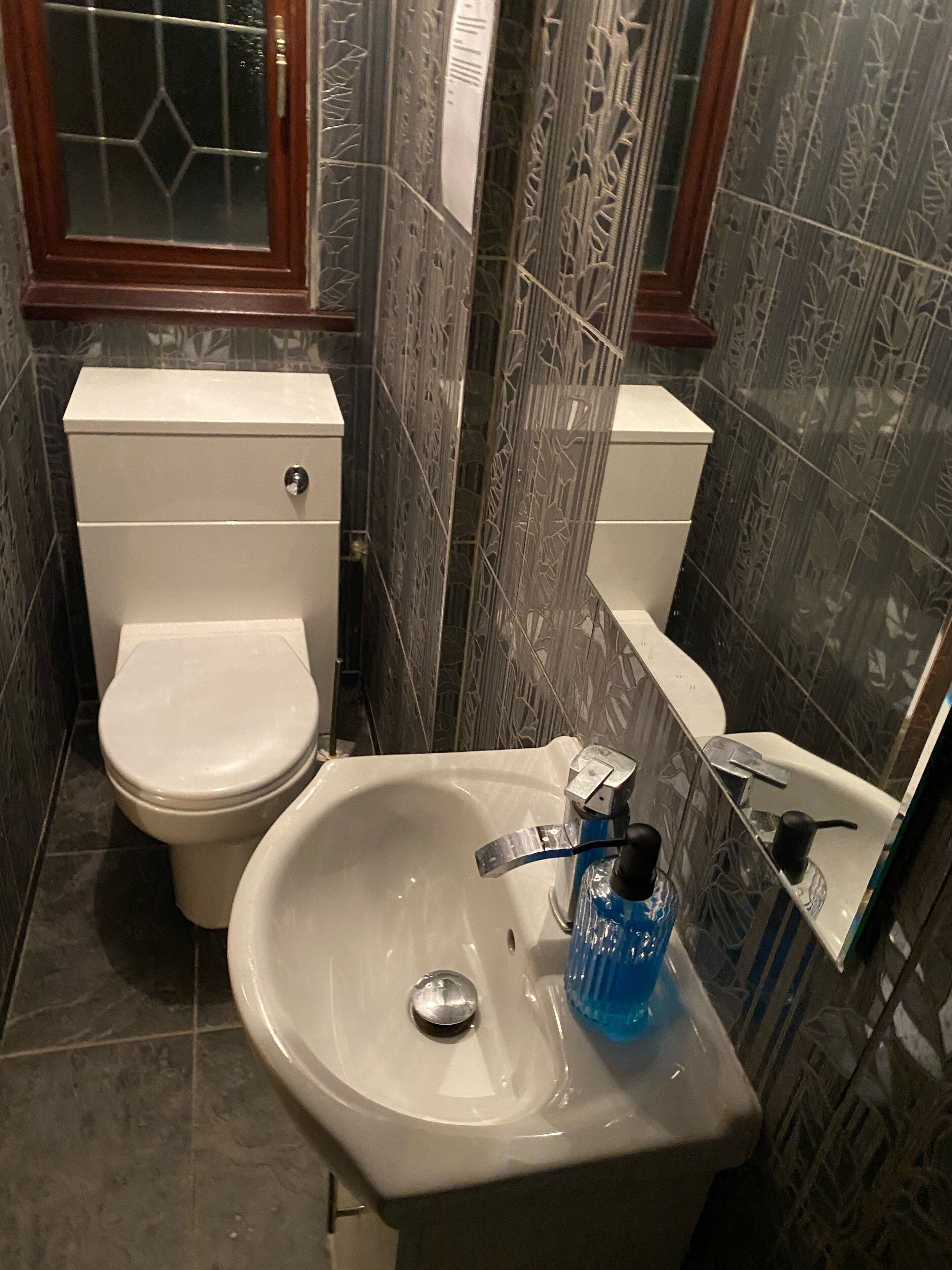 A bathroom with a toilet, sink, and mirror.
