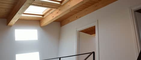 A room with skylights, a white door, and a metal railing.