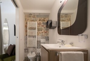Shower, hair dryer, bidet, towels