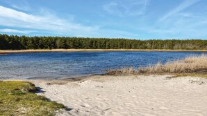 A sandy beach with a calm lake, surrounded by dense forest. - Amazing home in Ulfborg with kitchen (Ulfborg)