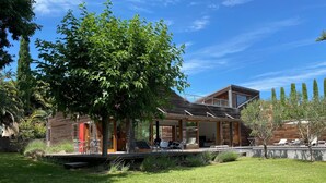 Une maison moderne avec un grand arbre dans le jardin, une terrasse avec des meubles d’extérieur et une piscine.