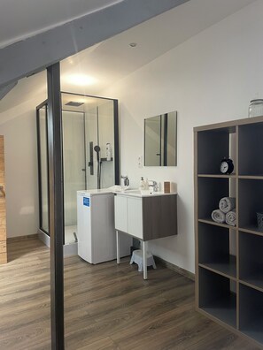 Hair dryer, towels, soap, toilet paper