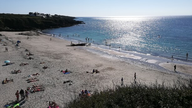 Una playa con gente tomando el sol y nadando.