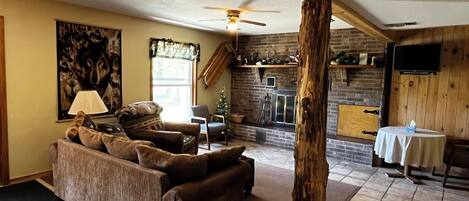 Smart TV, fireplace, DVD player, books