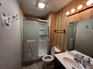 Combined shower/tub, hair dryer, towels