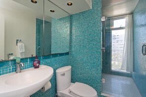 Shower, hair dryer, towels, soap