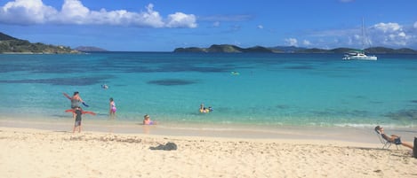 On the beach, sun loungers, beach towels