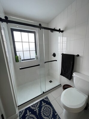 Combined shower/tub, hair dryer, towels, soap
