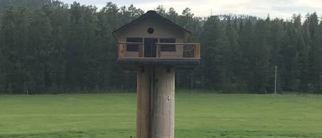 A wooden birdhouse structure with a balcony, set in a grassy field with a forest in the background.