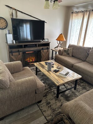 Smart TV, chimenea, reproductor de DVD y videoteca 