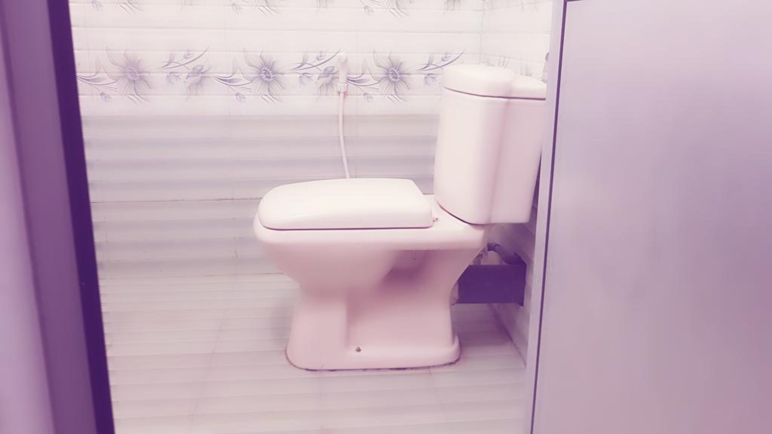 A toilet in a bathroom with a floral patterned wall.