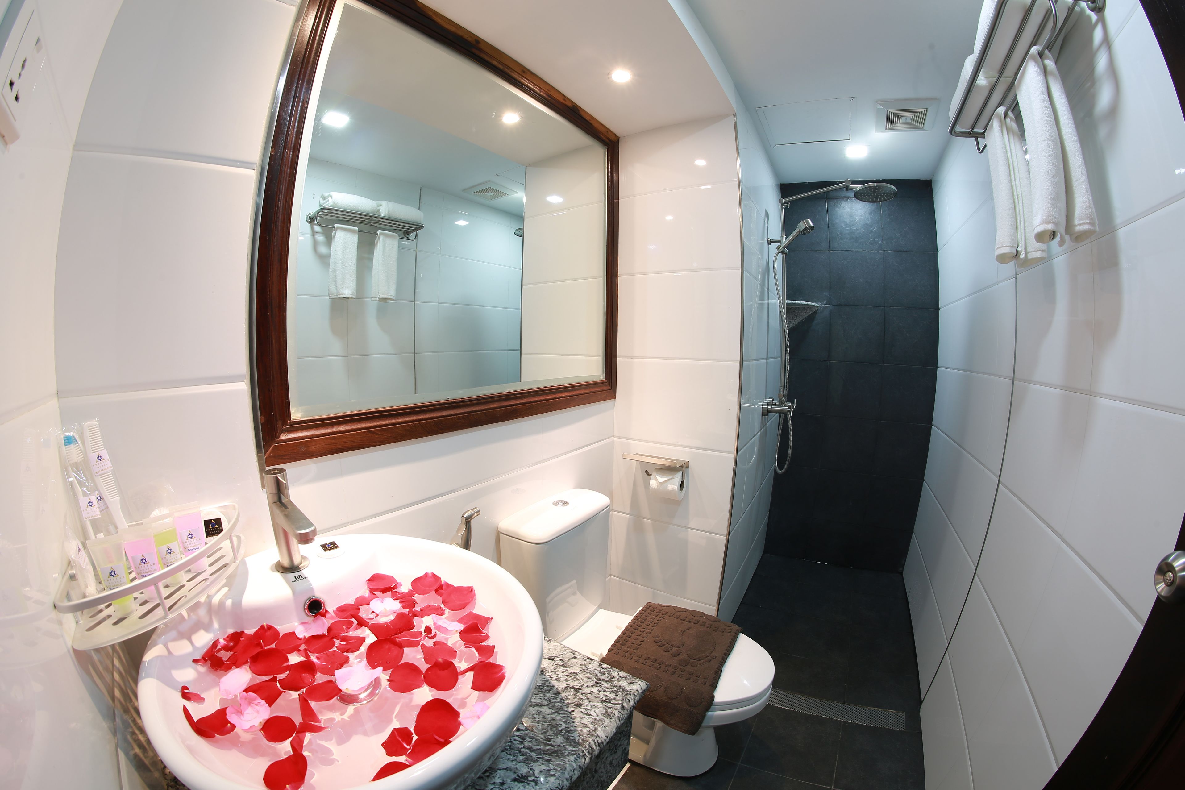 shower, free toiletries, slippers, towels