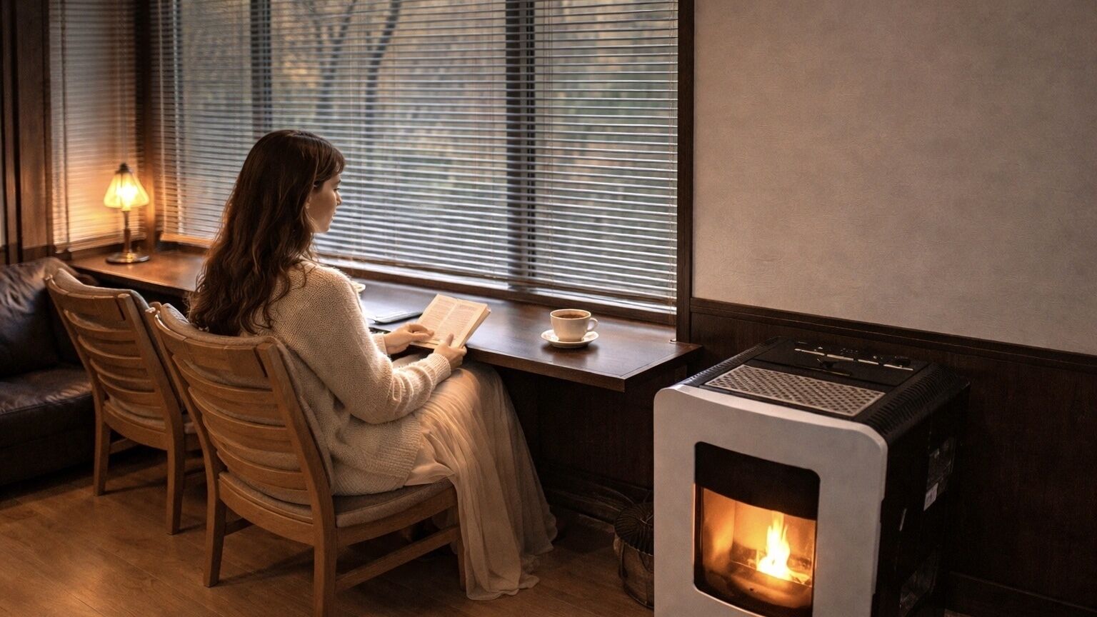 A person reading by a window with blinds, a table with a cup, and a wood-burning stove.