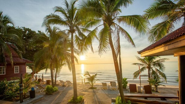 A beachfront property with palm trees, a beach, and a building with a red roof. - Chaweng Bliss Bungalow (Koh Samui)