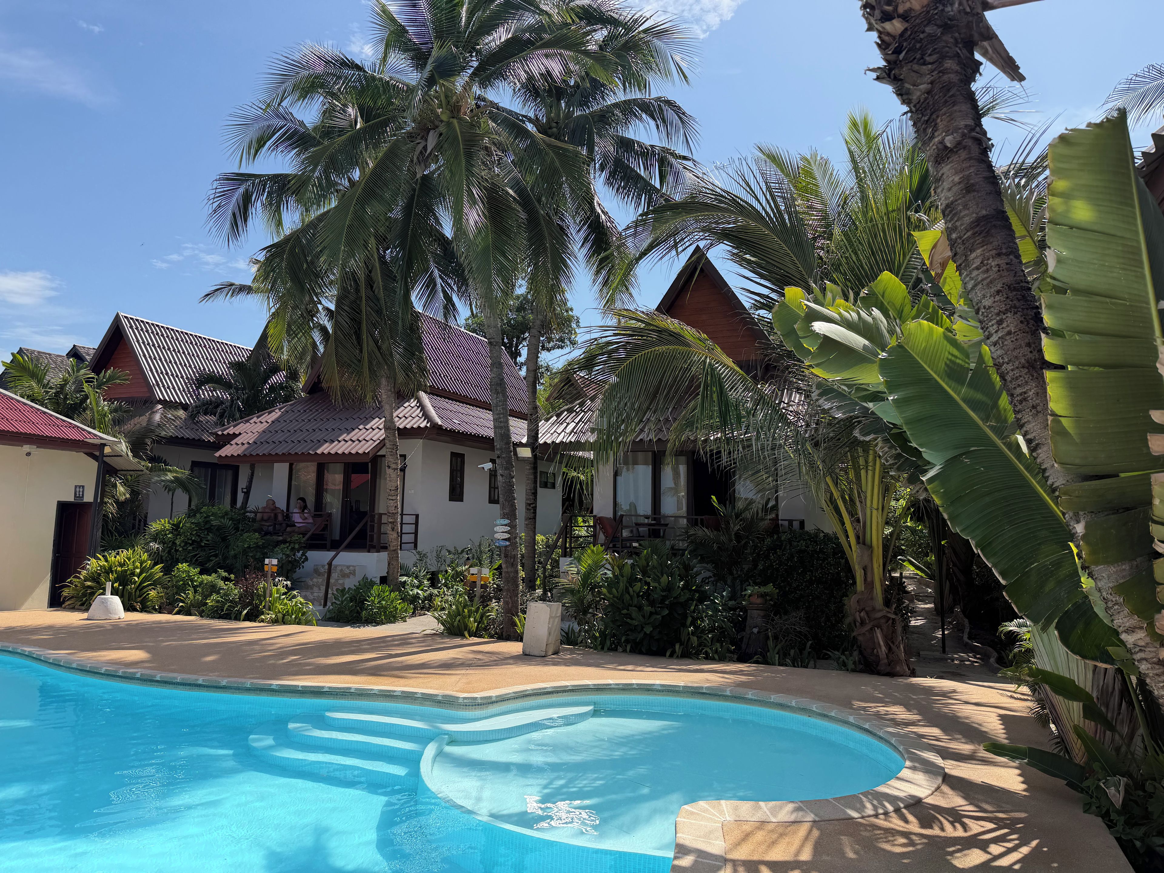 A pool surrounded by palm trees and a building with a tiled roof.