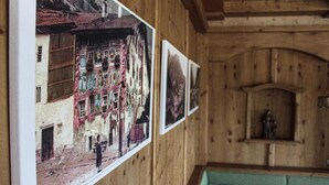 Une pièce aux murs en bois, avec un canapé vert et une grande affiche représentant un bâtiment.