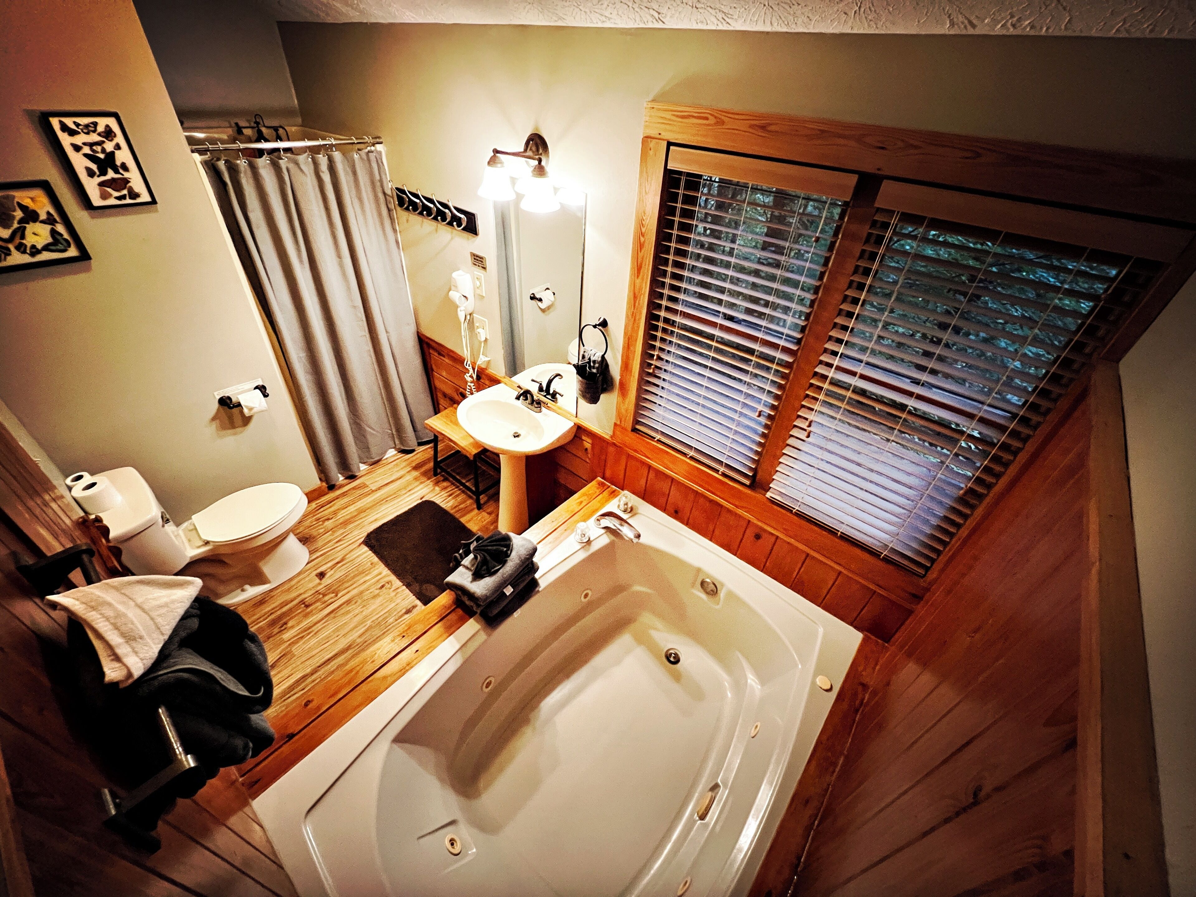Shower, jetted tub, hair dryer, towels