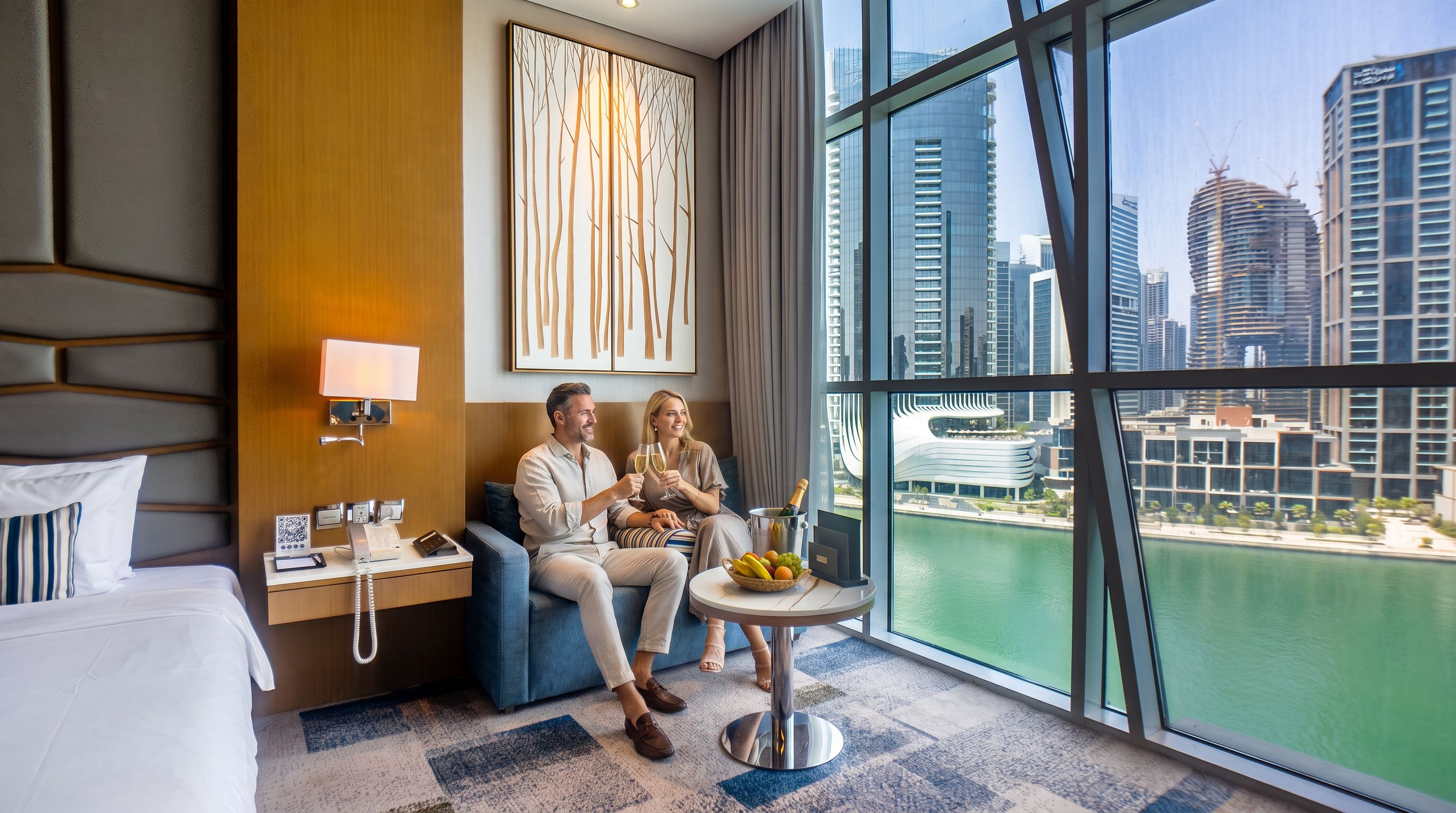 A hotel room with a city view, a bed, a desk with a phone, and a small table with fruits.