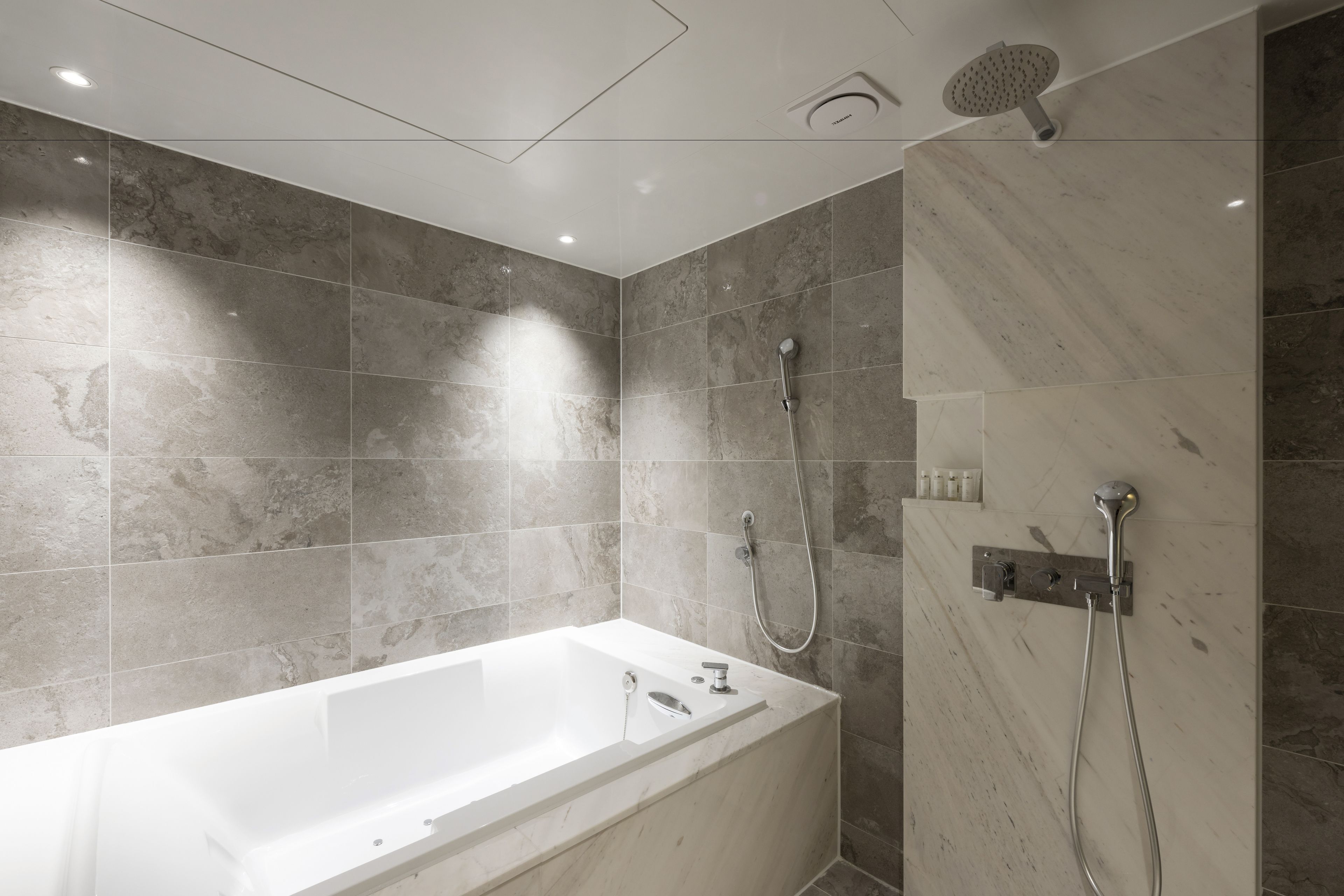 A modern bathroom with a freestanding bathtub, a shower with a handheld showerhead, and a wall-mounted control panel.