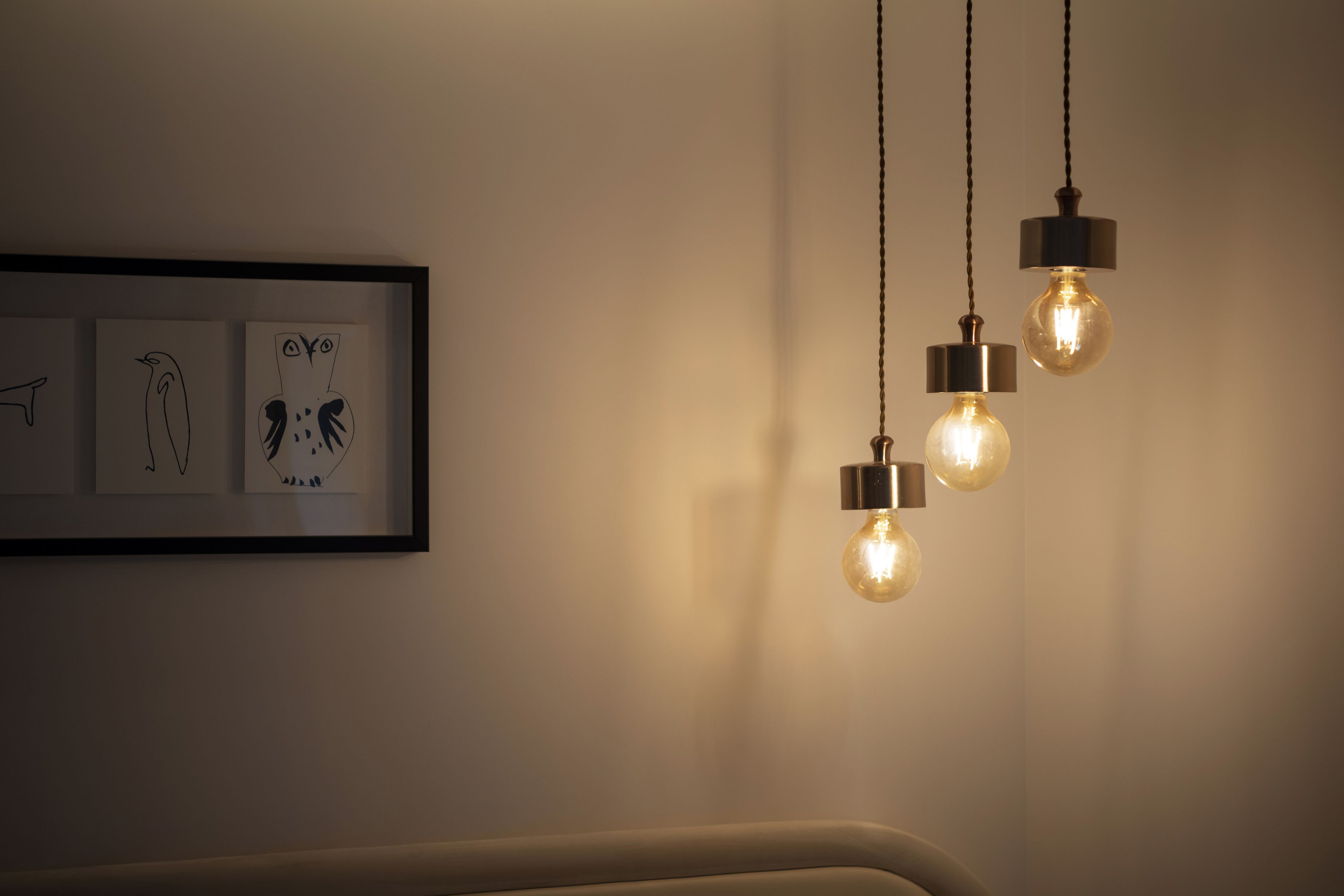 A wall with framed artwork and hanging light fixtures.