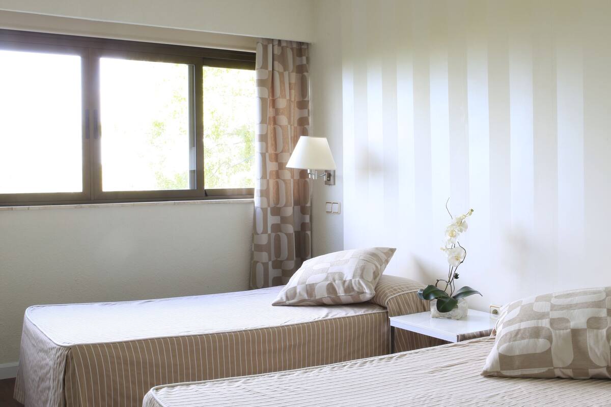 A hotel room with two single beds, a window with curtains, a bedside table with a lamp, and a small plant.