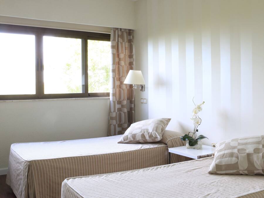 Une chambre d’hôtel avec deux lits simples, une fenêtre avec des rideaux, une table de chevet avec une lampe et une petite plante.