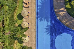 Vista aérea de un área de piscina con múltiples sombrillas y sillas de descanso.