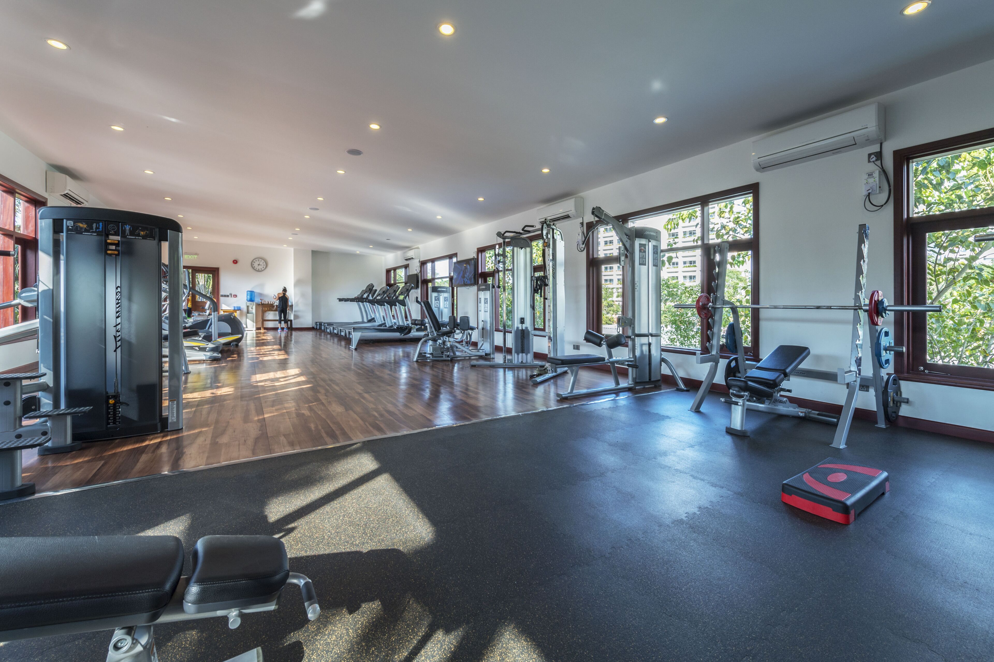 A gym with various exercise equipment, a bench, and a weightlifting area.