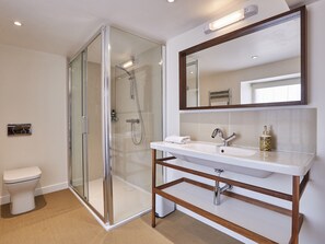 A modern bathroom with a glass-enclosed shower, a white sink with a wooden vanity, and a large mirror above the sink.