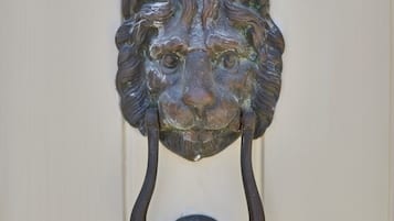Un tirador de latón con forma de cabeza de león y un asa curva.