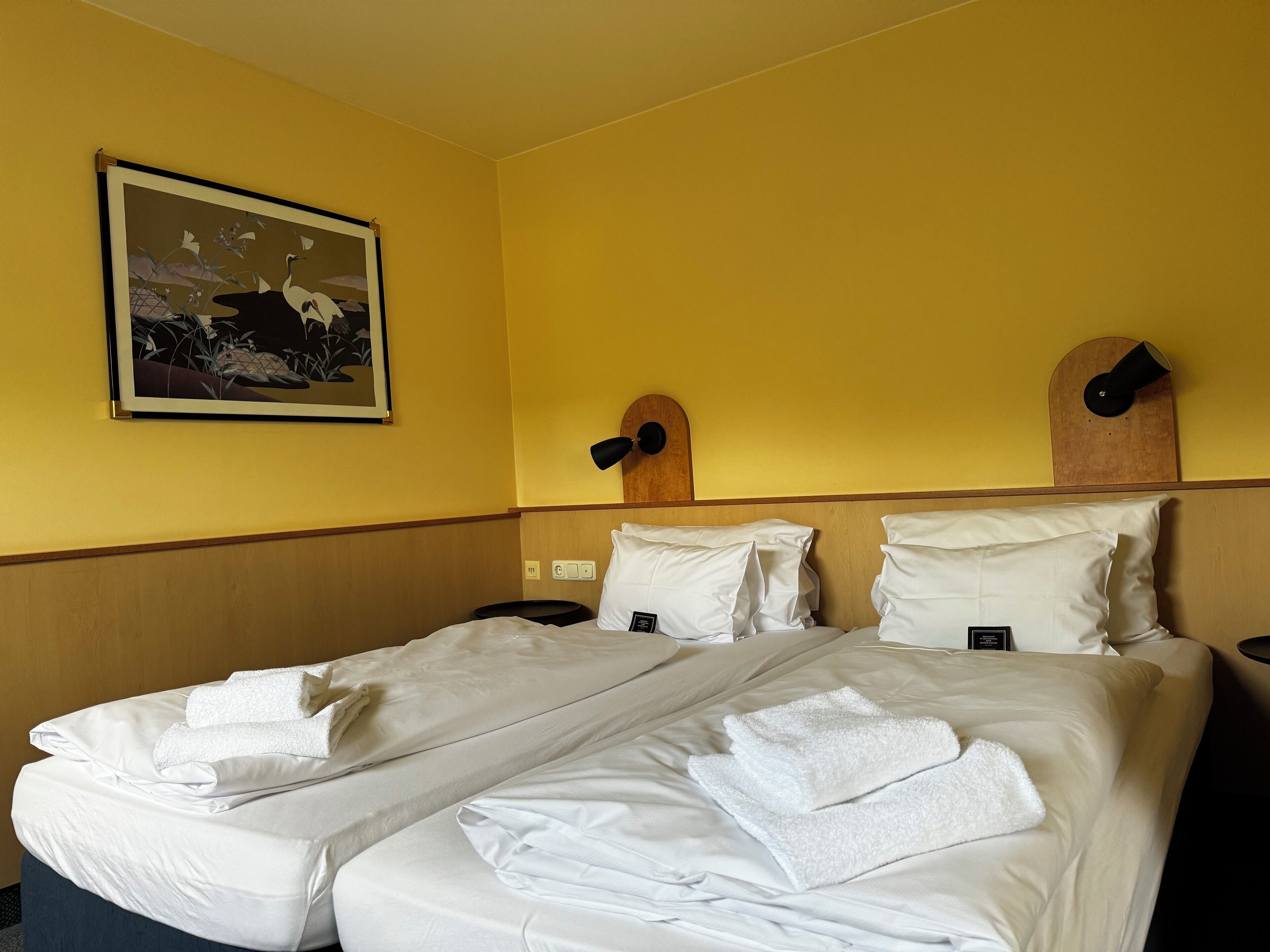 A hotel room with a large bed, two bedside tables, a wall-mounted lamp, and a painting.
