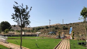 Un espacio exterior bien cuidado con un sendero pavimentado, césped verde y un muro de piedra.