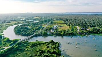 A river with a bridge, surrounded by greenery and small buildings.
