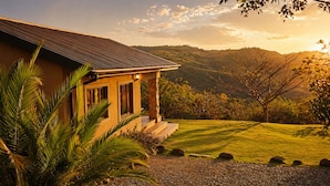 A house with a stone exterior, a metal roof, and a grassy lawn with a view of hills.