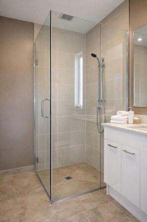 Shower, free toiletries, hair dryer, towels