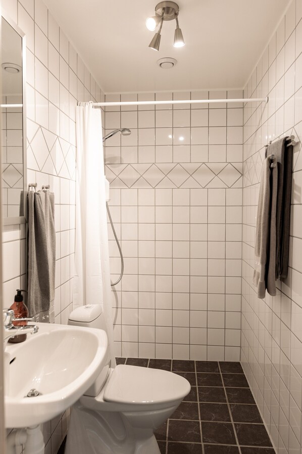 A bathroom with a white sink, toilet, and shower.
