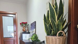 A room with a wooden door, a black leather chair, a woven basket on a stand, and a potted plant.