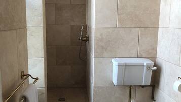 A bathroom with a shower, toilet, and sink.