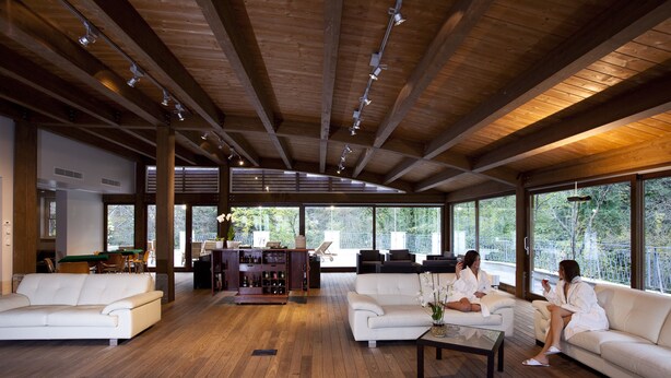 Un vaste espace de vie doté de planchers et de plafonds en bois, de grandes fenêtres offrant une vue sur la verdure, et d’un coin salon aménagé avec des canapés et une table basse.