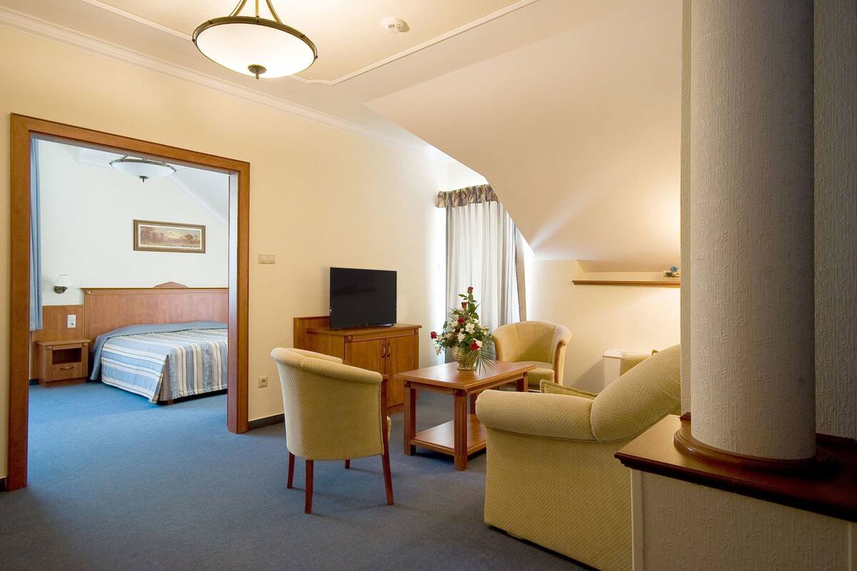 Une chambre d’hôtel équipée d’un lit, d’une télévision, d’un bureau et de deux chaises.