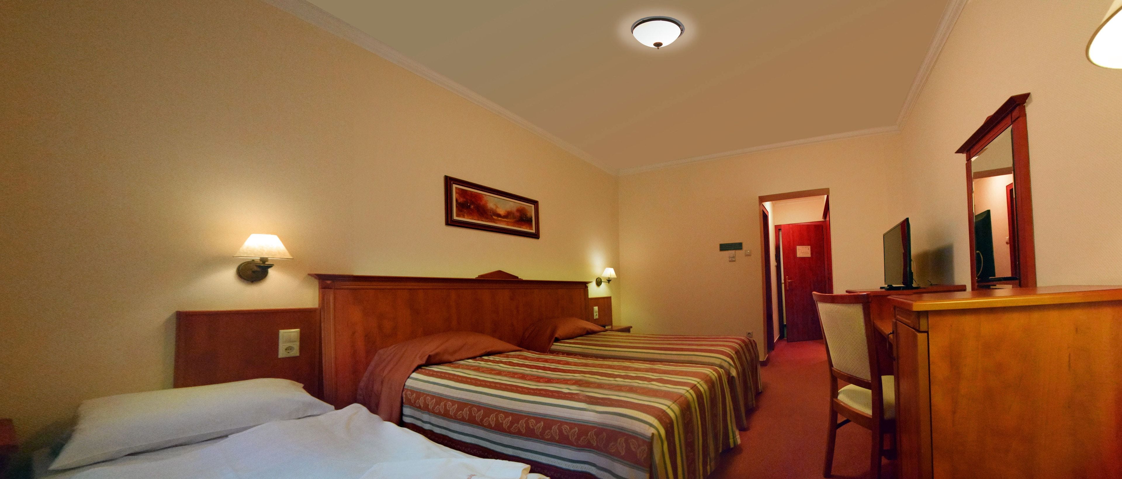 Una camera d'albergo con due letti singoli, una scrivania in legno con una sedia, una televisione e un quadro appeso al muro.