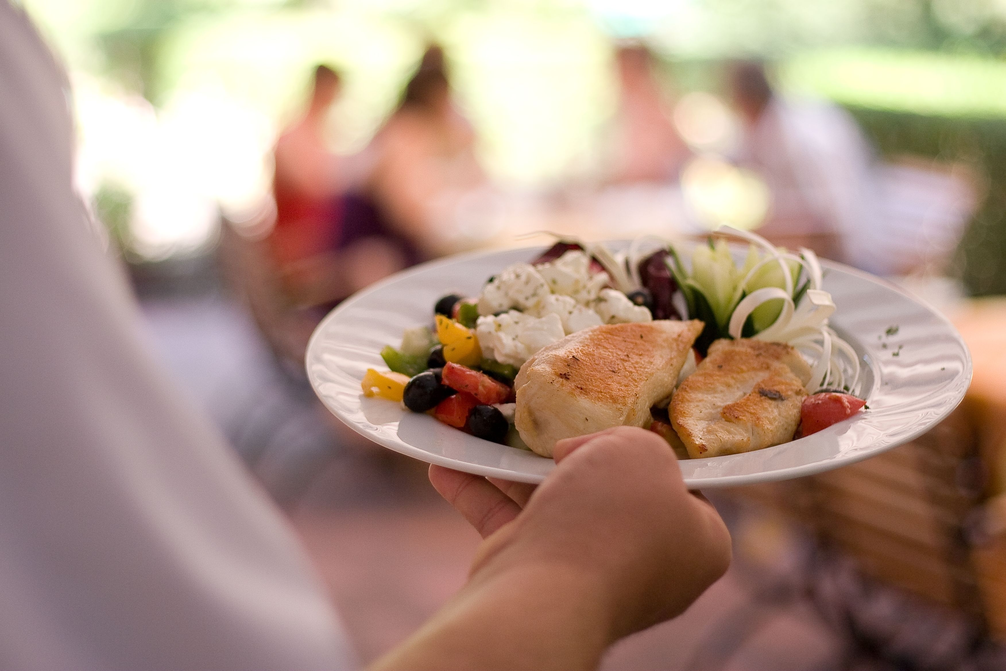 Una persona sosteniendo un plato con comida, que incluye pescado, verduras y arroz, al aire libre.