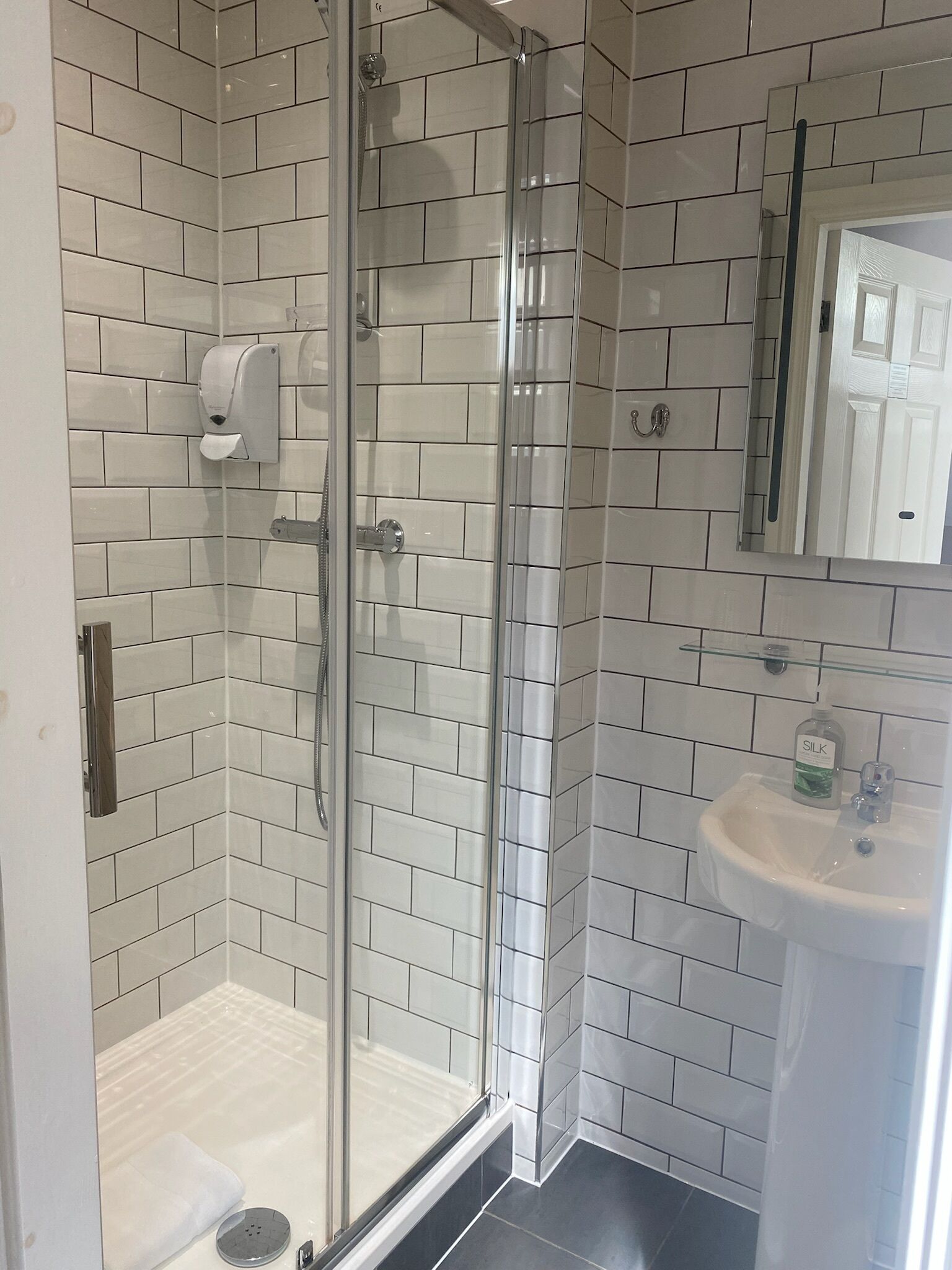 A bathroom with a glass shower enclosure, a white sink, and a mirror above the sink.
