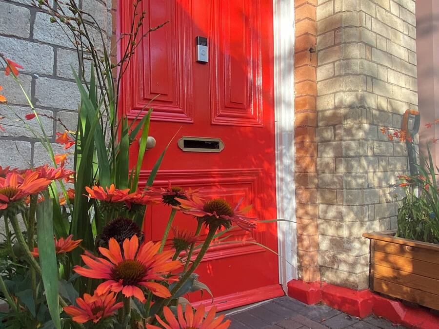 A red door with the number 21, a brick wall, and a planter with plants.