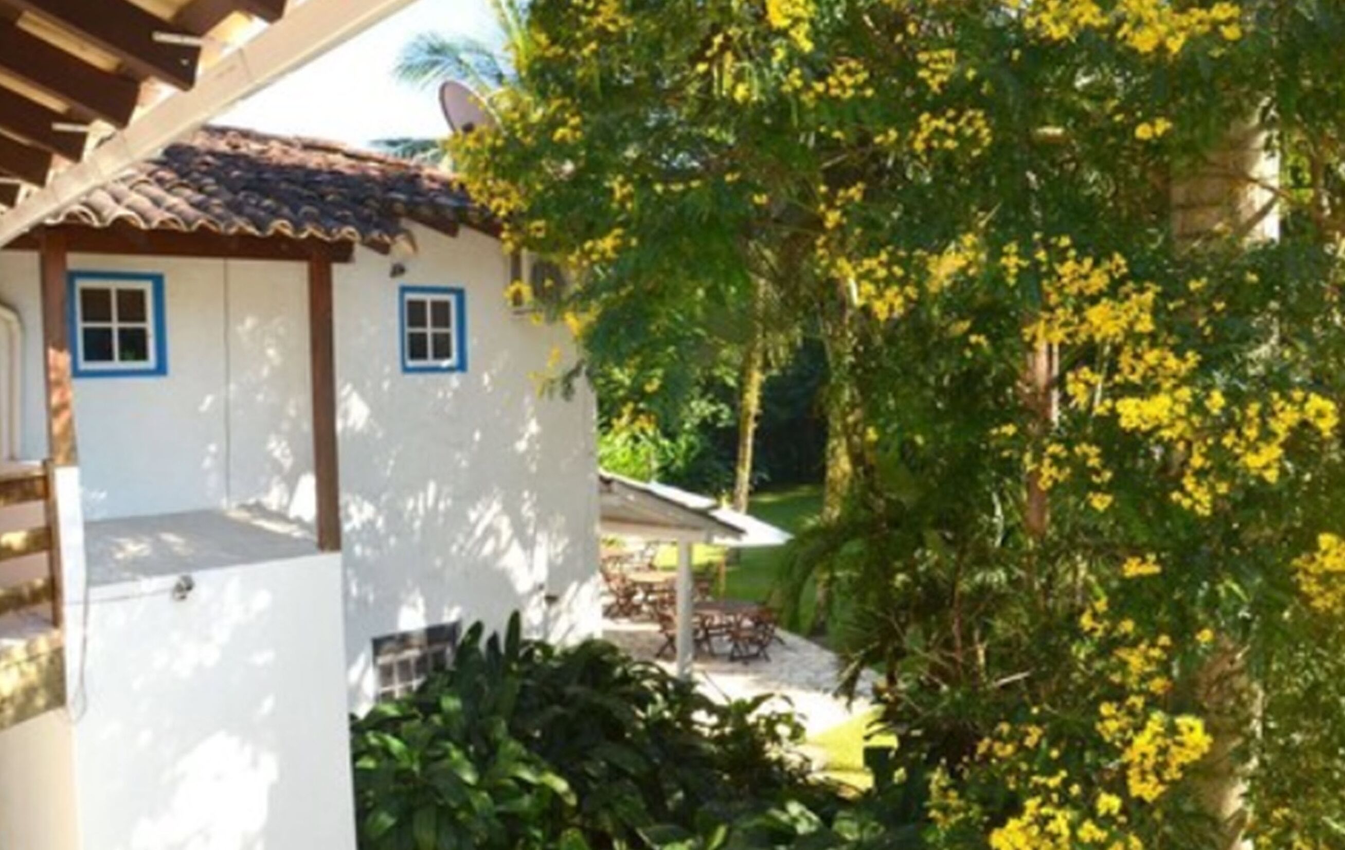 A white building with blue trim and a tiled roof, surrounded by lush greenery and yellow flowering trees.
