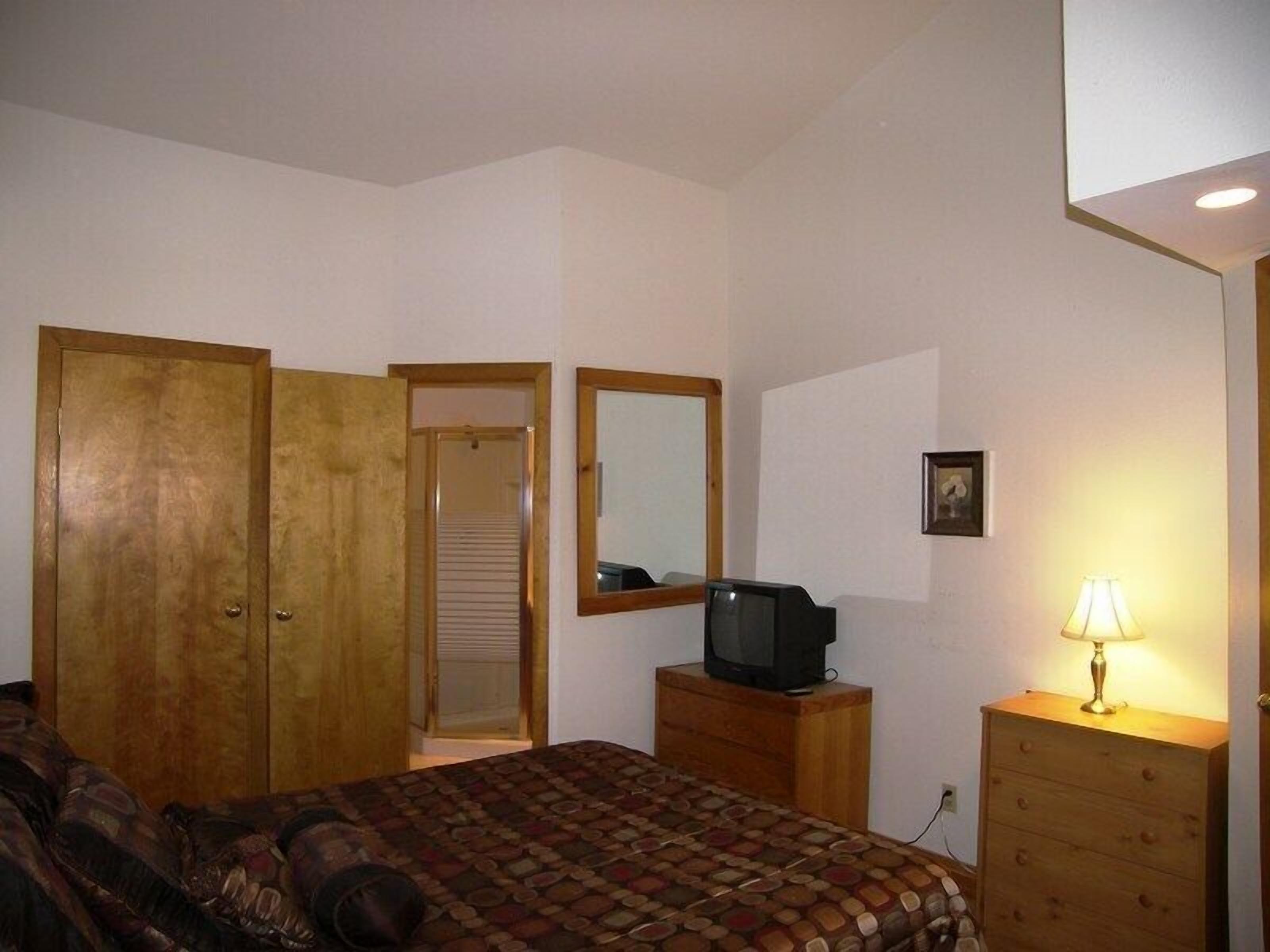 Un dormitorio con cama, cómoda, televisión y espejo.